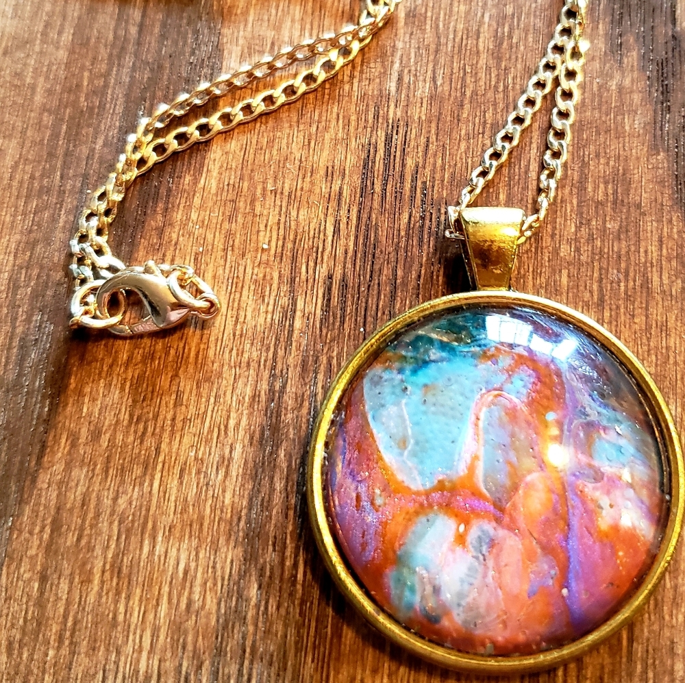 Fluid art necklace with gold plated chain pendant